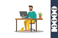 Man working at computer desk with small dog and plant in mod Product Image 1