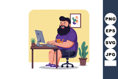 Bearded man working on computer at desk with cat wearing pur Product Image 1