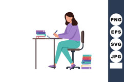 Woman studying at desk with books wearing purple top and tea Product Image 1