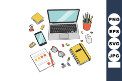 Workspace with laptop smartphone stationery and glasses in f Product Image 1