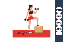 Woman exercising with dumbbells and step box on red mat fitn Product Image 1