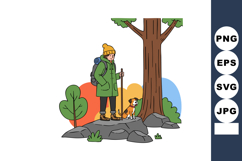 Hiker with dog standing on rock near tree in colorful backgr Product Image 1