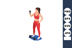 Woman in red sportswear taking selfie after workout with dum Product Image 1