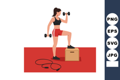 Woman exercising with dumbbells and jump rope on red floor f Product Image 1