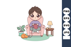 Little Boy Knitting Sweater in Cozy Armchair with Cat and Ho Product Image 1