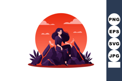 Woman Sitting on Dark Rocks with Red Sunset Background Vecto Product Image 1