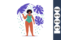 Woman in green swimsuit with tropical purple leaves and rain Product Image 1