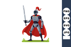 Robot knight warrior holding sword with red cape standing on Product Image 1