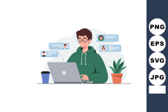Young man working on laptop with online chat messages and gr Product Image 1