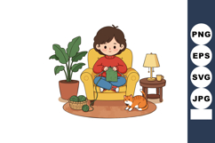 Boy Knitting Sweater in Cozy Living Room with Cat and Indoor Product Image 1