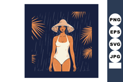 Woman in white swimsuit wearing wide brim hat with tropical Product Image 1
