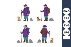 Elderly woman hiking with dog and backpack wearing purple ja Product Image 1