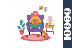Woman knitting in purple armchair with orange cat and indoor Product Image 1
