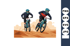 Mountain biking race competition with two riders in blue hel Product Image 1