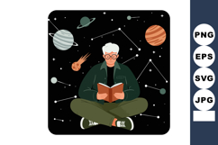 Elderly man reading book about planets and constellations in Product Image 1