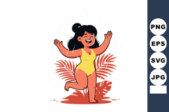 Woman enjoying rain in yellow swimsuit with tropical leaves Product Image 1