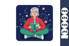 Elderly person reading book with star constellations and pla Product Image 1