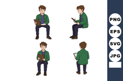 Young man reading book in green jacket multiple poses vector Product Image 1