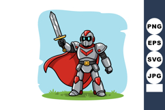 Robot warrior with red cape and sword standing on grass vect Product Image 1