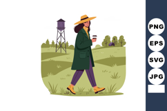 Woman walking with coffee cup in green coat and yellow hat i Product Image 1