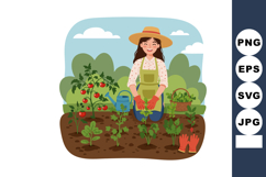 Woman gardening planting vegetables in garden with tomato pl Product Image 1