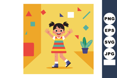 Happy little girl in colorful striped dress with pigtails in Product Image 1