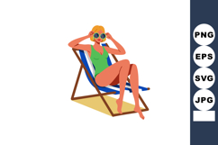 Woman relaxing on blue striped deck chair in green swimsuit Product Image 1