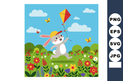 Rabbit flying red and yellow kite in colorful flower garden Product Image 1