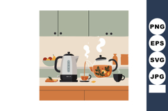 Electric kettle and teapot steaming on kitchen countertop wi Product Image 1