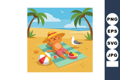 Relaxed cat sunbathing on beach with palm trees and seagull Product Image 1