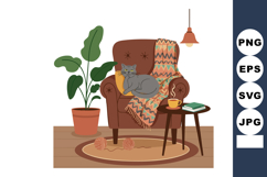 Gray Cat Relaxing on Armchair with Blanket and Indoor Plant Product Image 1