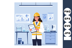 Female scientist in safety helmet analyzing data in modern l Product Image 1