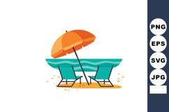 Beach scene with two turquoise lounge chairs and orange umbr Product Image 1