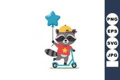 Raccoon riding blue scooter holding star shaped balloon in y Product Image 1