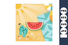 Summer beach scene with watermelon slice towel and flip flop Product Image 1