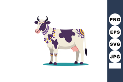 Cow with decorative purple and yellow patterns standing on b Product Image 1