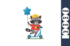 Cute raccoon riding blue scooter holding star balloon in yel Product Image 1