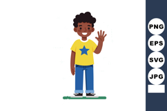 Smiling boy waving hand wearing yellow star shirt and blue j Product Image 1