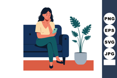 Woman sitting on blue sofa holding smartphone with potted pl Product Image 1