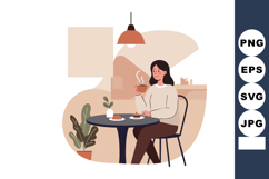 Woman enjoying coffee and pastry in cozy cafe interior with Product Image 1