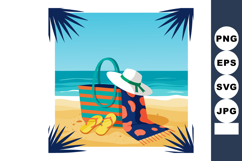 Beach accessories with striped bag, white hat, orange towel, Product Image 1