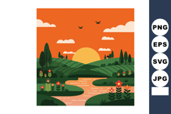 Sunset landscape with river and flowers in green hills and o Product Image 1