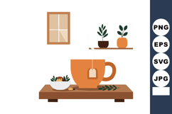 Tea cup and potted plants on wooden table with window in coz Product Image 1