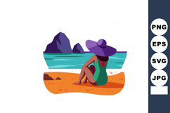 Woman sitting on orange sand beach wearing purple hat and gr Product Image 1