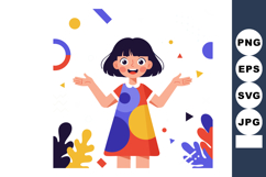 Happy little girl in colorful geometric dress with playful s Product Image 1