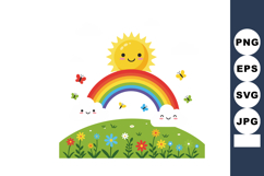 Smiling sun with colorful rainbow over green hill with flowe Product Image 1