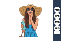 Woman in blue dress with sunhat and sunglasses holding water Product Image 1