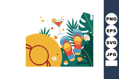 Summer beach scene with sun hat flip flops cocktail and trop Product Image 1