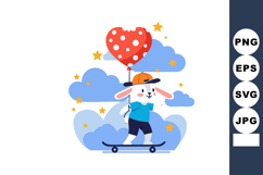 Cute bunny riding skateboard holding red heart shaped balloo Product Image 1