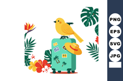Tropical travel suitcase with yellow bird and summer hat sur Product Image 1